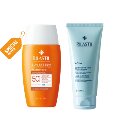 Rilastil Sun System Water Touch Fluid Spf 50+ | واقي شمس ريلاستيل + Rilastil Aqua Face Cleanser 50 ml | غسول لجميع أنواع البشرة