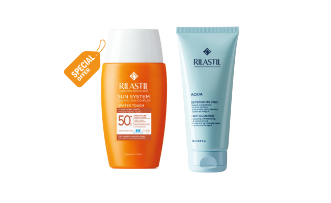 Rilastil Sun System Water Touch Fluid Spf 50+ | واقي شمس ريلاستيل + Rilastil Aqua Face Cleanser 50 ml | غسول لجميع أنواع البشرة